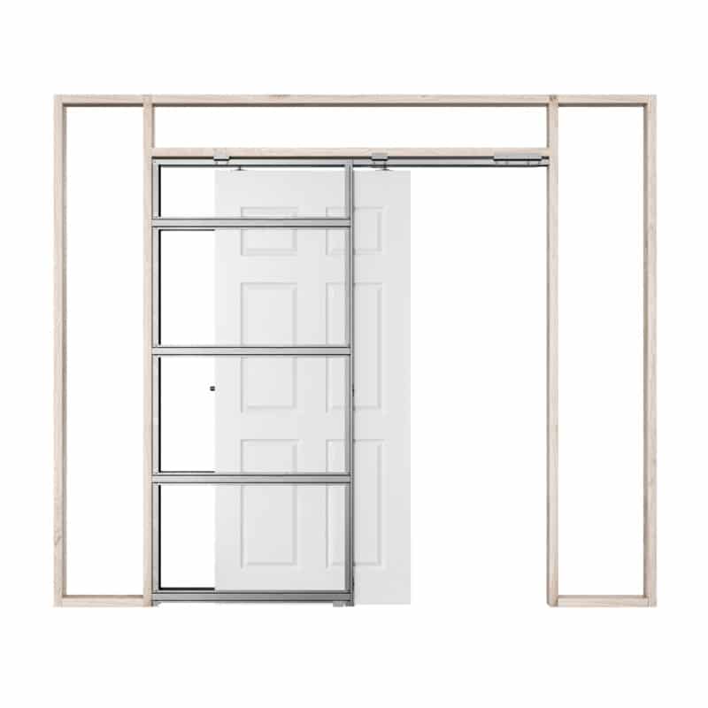 Pictured: This is a graphic showing how a single Rocket Pocket Door Frame works.