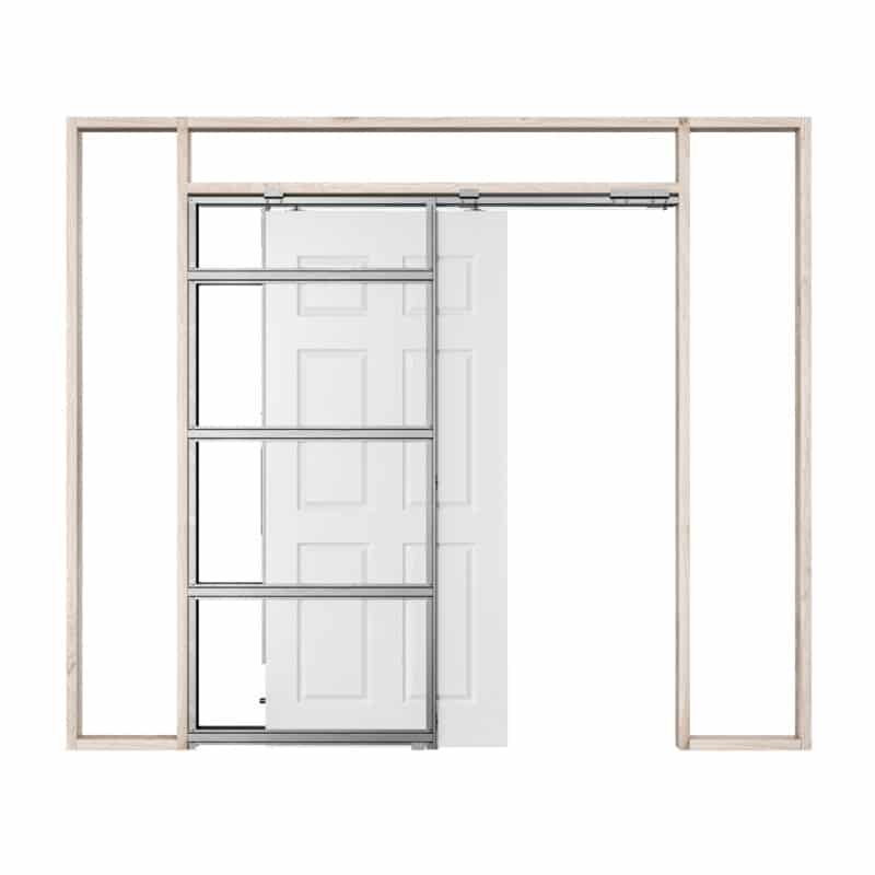 Pictured: This is a graphic showing how a single Rocket Pocket Door Frame works by self closing.